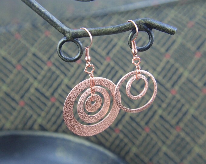 BoHo Asymmetrical Copper Circle Earrings with Textured Pattern