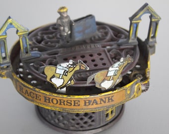 Vintage Cast Iron Reproduction of a John Hall The Horse Race Bank patented on August 15, 1871