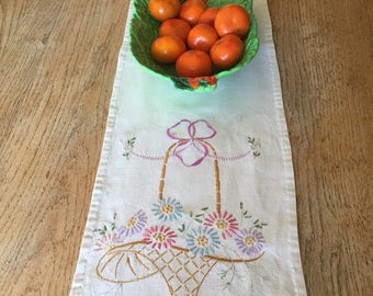 Embroidered linen table runner, dresser runner vintage 39 x 10 flowers in basket