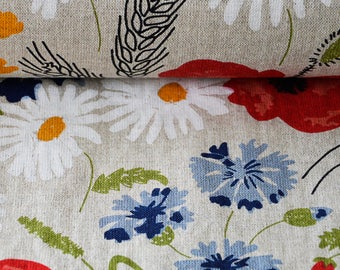 Linen Cotton Fabric. Flower Fabric .Printed fabric.Floral Poppies Fabric Sold by the yard.