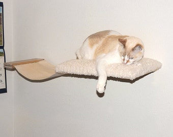 Cat Hammock Bed Combo Wall Mounted Cat Bed Perch Shelf Cat Furniture Hand Crafted Natural Wood Padded Plush Sherpa Canvas Pet Bed Soft Kitty