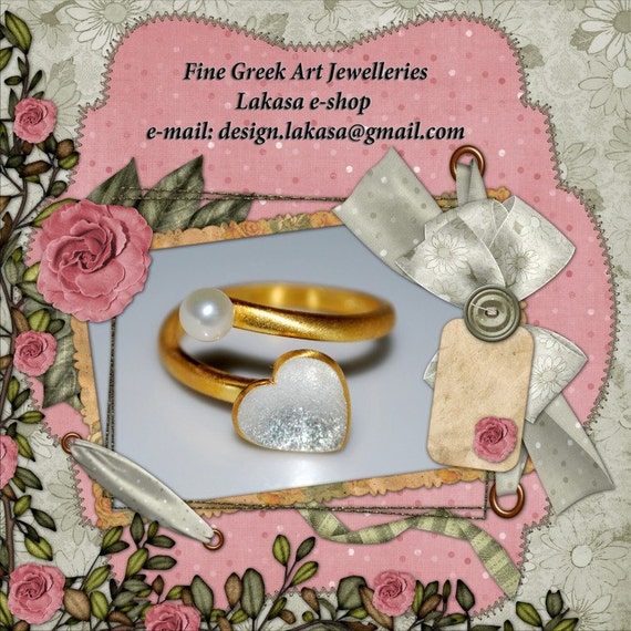 Heart Ring Sterling Silver Gold plated with Pearl Lakasa e-shop Jewelry gifts for her birthday anniversary princess woman best ideas love