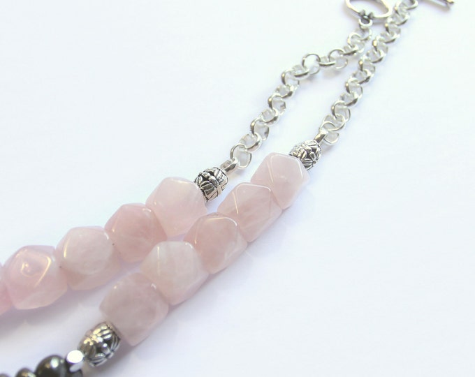 Rose quartz Necklace, Pyrite Choker, Sterling silver chain, Statement Necklace, Handmade Jewelry