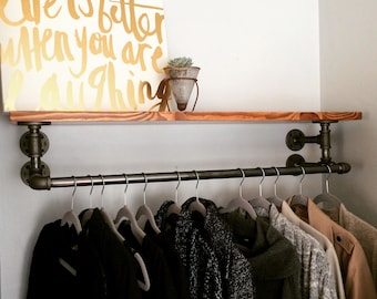 Exposed Closet Industrial Shelf and Clothing Rod, 30"-60" Lengths - Clothing Rack - Storefront Display - Clothes Hanger - Clothing Display