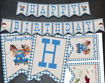 Little Blue Truck Banner, Little Blue Truck Happy Birthday Banner, Little Blue Truck Printables, party, favors, birthday supplies, flags