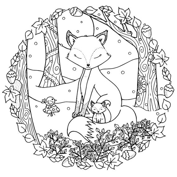ADULT COLORING PAGE Christmas Winter Woodland Cosy Foxes Adult