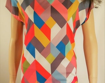 Vintage Women's 60's Inspired Geo Chevron Colorful ColorBlock Rainbow Mini Shift Dress by EVYLEEN Size M