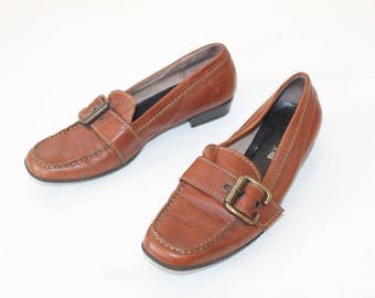 Women Loafers Shoes 80s Grunge Brown Leather Buckle Strap Heeled 1990s Brown Buckle Strap Distressed Stablesize US 8.5 Uk 6 Eur 39