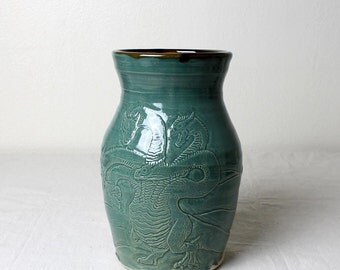 Hand Carved Stoneware Hydra Dragon Vase Handmade Pottery