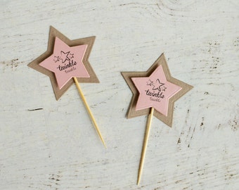 Pink star cupcake toppers, Twinkle twinkle, It's a girl party decoration, New baby girl food picks, Baby cupcake topper, Pink rustic topper