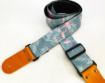 NuovoDesign unique Flamingo Guitar strap. leather parts with free end pin and tie string