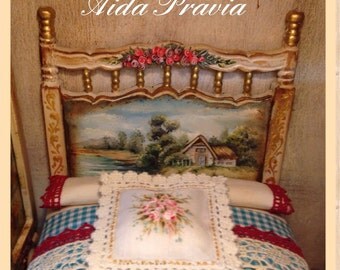 Bed landscape 1:12. Bed, hand painted furnitures