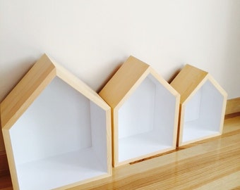 Plain Wooden House Shaped Shelf Box Craft Decorate Display