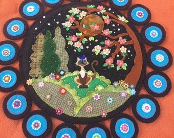 Hand Embroidered Wool Felt Applique Penny Mat/Table Runner "Mittens Under a Cherry Blossom Moon"