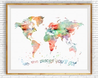 Oh the Places You'll Go Wall Art World Map Print World Map Poster, Nursery Wall Art, Nursery Decor, Nursery Art, ArtPrintZone