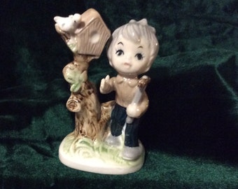 Small Vintage Figurine Boy with Bird