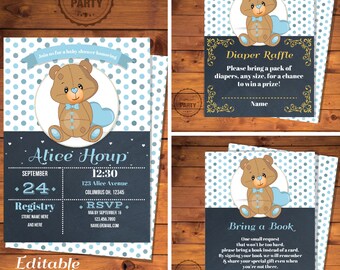 Teddy bear Baby shower invitation, Diaper raffle card, Baby boy invitation, Bring a book insert, Personalize with Adobe Reader - PP025