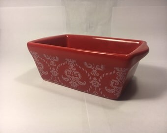Vintage Small Baking Dish Pan Red White Design Michaels Stores Inc. nearly 6" long and 3.5" wide