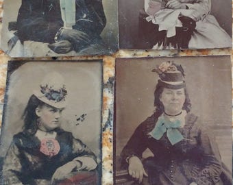 Hand-Tinted Florals: Lot of 4 Antique Tintype Photographs of Women in Hats With Colored Flowers