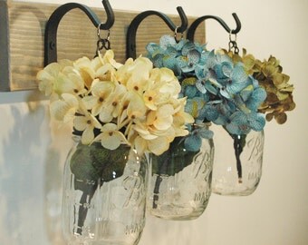 Rustic Mason Jar Wall Decor, Kitchen Decor, Bathroom Decor, Farmhouse Kitchen, Hydrangea Flower, Home Decor, Wall decor, Mason Jar sconce,