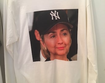 Medium Hillary Clinton New York Yankees Hat Long Sleeve Graphic Print Tee