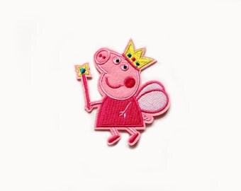 1x princess fairy PEPPA PIG patch custom Iron On Embroidered Applique cartoon pink red fun kid - diy project - dress shoes hat t-shirt magic