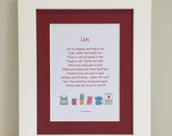 Lists, List Lover Poem, List Lover Print, Gift for her, Friend, Mum, Mother's day, Her Birthday