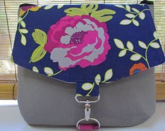 Small Grey/Blue Floral Corduroy Crossbody, Messenger, Shoulder Bag, Purse