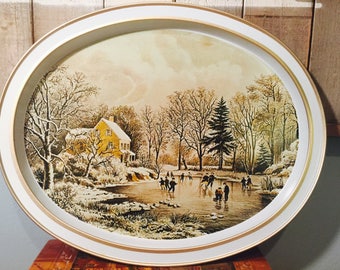 Vintage Currier and Ives Skating - Early Winter Collectible Tin Tray