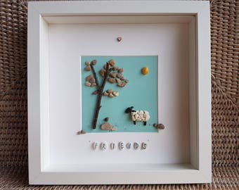 Pebble Art - Pebble Sheep - Pebble Picture - Pebble Trees - Pebble Bird - Pebble Friends - Unique Pebble Friendship Gift - Pebble Wall Art