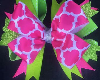 Pink Green hair bow boutique hair bow glitter babies toddlers girls over the top hair bow
