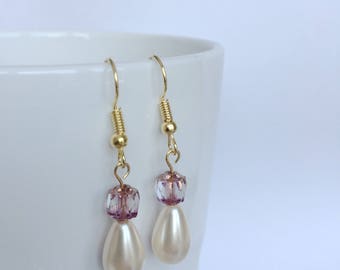 Original design handmade purple Czech glass and drop pearls earrings