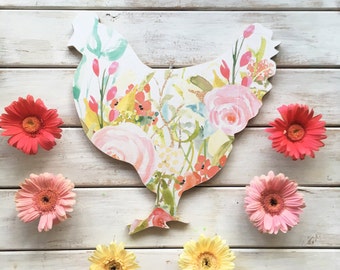 Chicken Sign. Chicken Art. Farmhouse Decor. Watercolor Flower. wood sign. home gallery. floral print. gift for pet mom. gift for her.