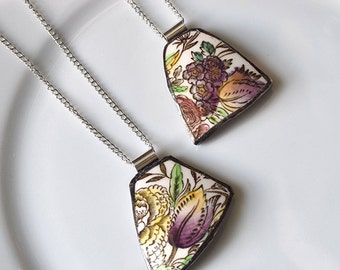 You ComPlate Me Matching Broken Plate Friendship Necklaces - Vintage Garden Bouquet - Recycled China