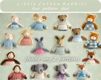 Toy knitting patterns. Two pattern deal - choose any 2 animal patterns (sheep. rabbit, bear, mouse, elephant, fox, cat or monkey)
