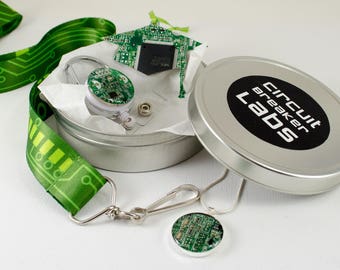 Circuit Board Graduation Gift Set, Grad Cap Ornament, Retractable Badge Holder, Necklace, Lanyard, Geeky Office Professional Engineer Gift