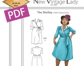 The Shelley 1940s wrap dress in PDF size 44-46-48 bust NVL plus size multi size repro vintage sewing patterns