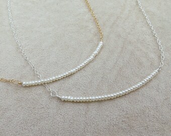 Dainty Gold Necklace or Sterling Silver Pearl Necklace Tiny Seed Pearls Freshwater Delicate Simple Small Bar Minimalist Bridesmaid Gift