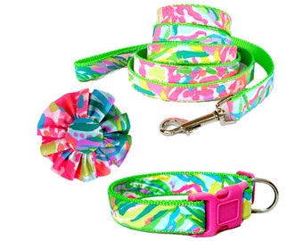 2017 FAN SEA PANTS Dog Collar and/or Leash on Green with Bow or Flower Option Made from Lilly Pulitzer Fabric Size: Your Choice