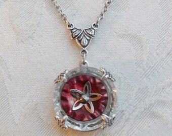 Antique Button Necklace- Faceted Clear Glass and Mother of Pearl Button- Red Star