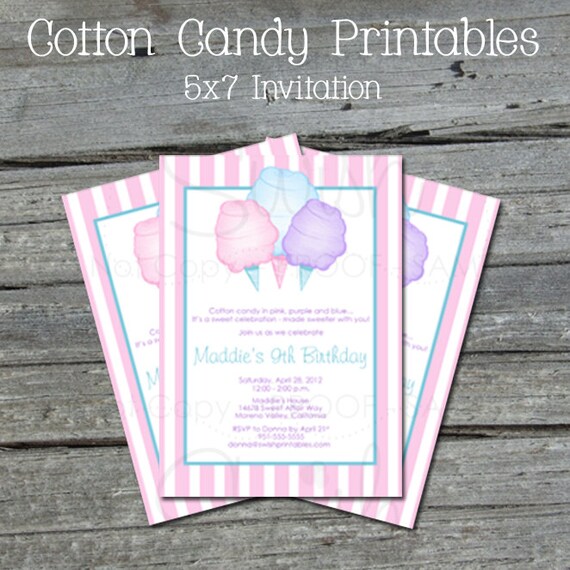Cotton Candy Birthday Invitation - Pink Cotton Candy theme Party Invite - Printable Birthday invitation - digital Il_570xn