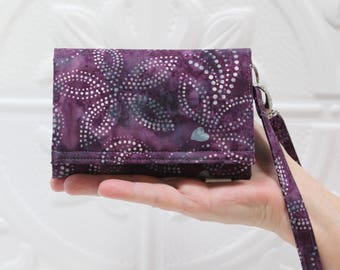 iPhone 7 Plus Wristlet Case, Cell Phone Wallet Purse, iPhone 6 Case Card Holder, Galaxy Moto X Pure Nexus iPhone 6s Plus, Plum Purple Batik