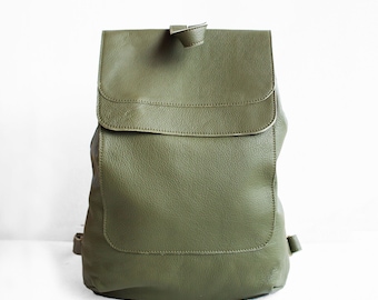 Leather Backpack in Military Green / Leather Backpack / Leather Bag / Green Leather Bag / Big Backpack / Green Backpack /