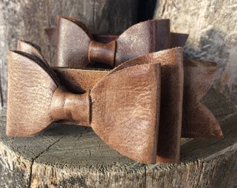 Distressed Medium Brown Leather Bow Cuff size 7.5" by Stacy Leigh