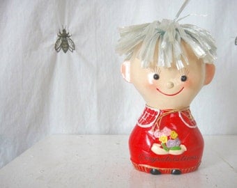 Vintage Lego Japan Piggy Bank, Little Boy with Raffia Hair, Congratulations Flowers