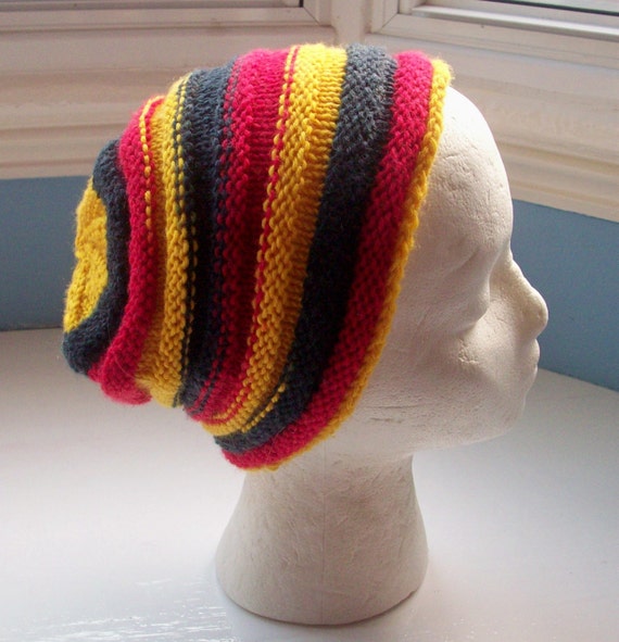 Unisex beanie hat, wool rich yarn, hand knitted, classic beehive design, striking contemporary colours - red, yellow, bl