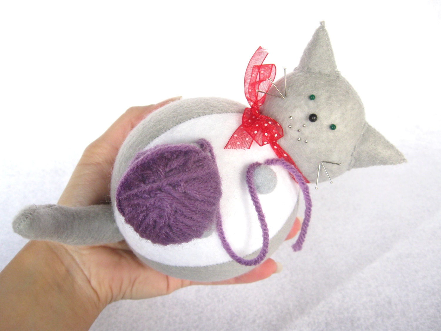 Cute cat pincushion Gray and white felt cat Animal lover