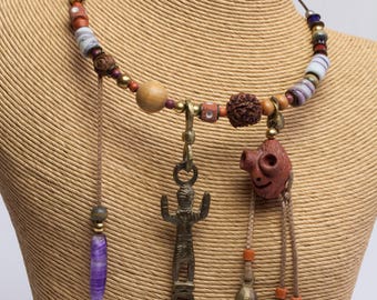 Rare Vintage Mexican Folk Art Charm Necklace Lucky Amethyst