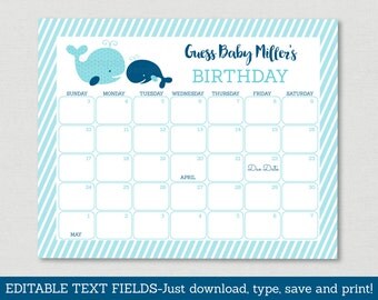 Cute Whale Baby Due Date Calendar / Whale Baby Shower / Nautical Baby Shower / Birthday Predictions / INSTANT DOWNLOAD Editable PDF A160