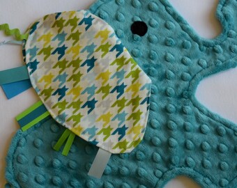 Houndstooth Turquoise Elephant Shaped Sensory Security Lovey